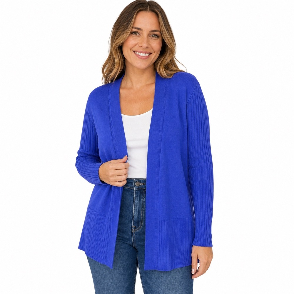 Coldwater Creek L 14  Royal Blue Open Front Ribbed Sleeve Warm Cardigan Sweater